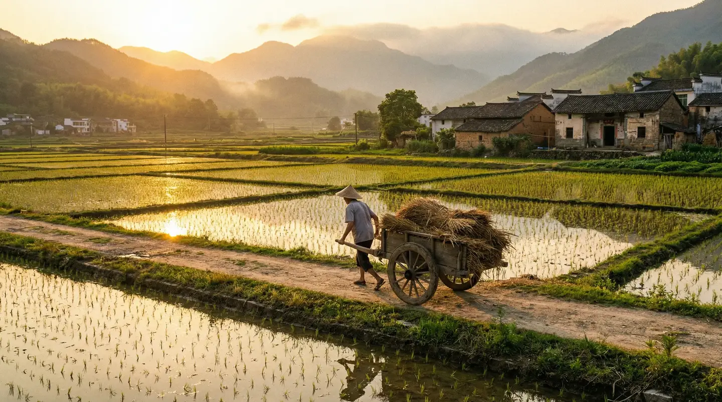 中国大黄页在线观看 - 金色夕阳下的乡村田野，老农推着木车行走在田埂上